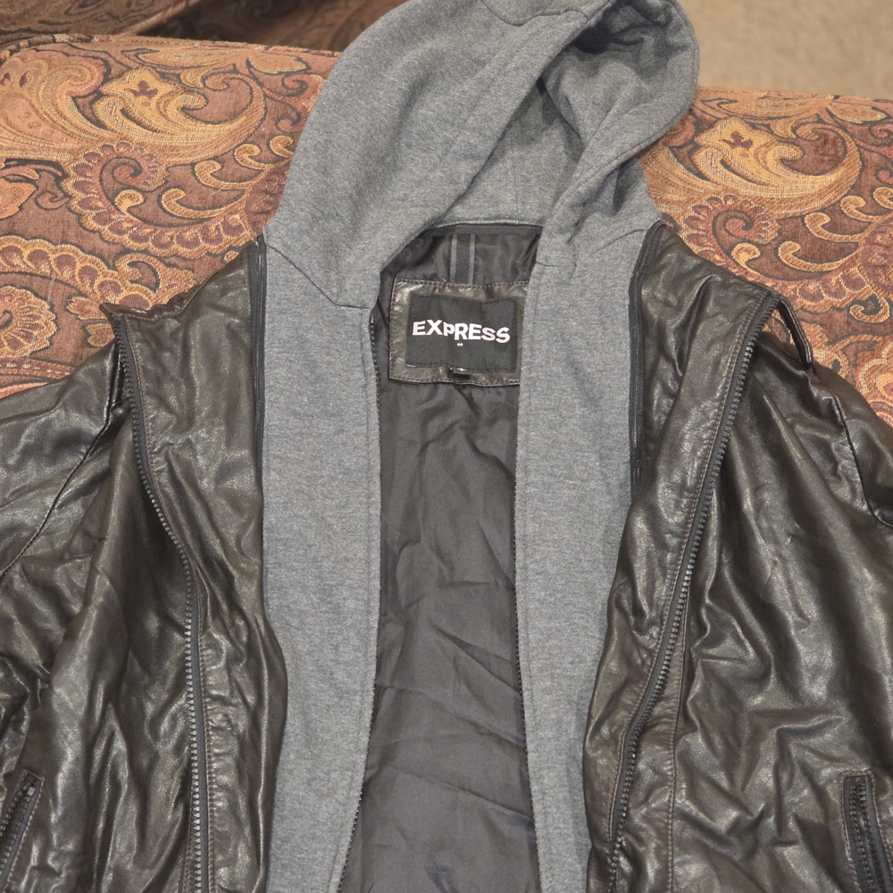 Express Men's Dark Brown Pleather Jacket with Gray Hood